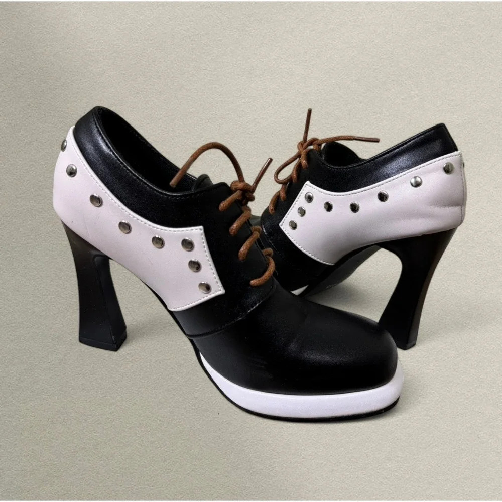 Japanese Style Platform Oxford Heels Stud‎ Detail Lace Up Mod Black White Size 6